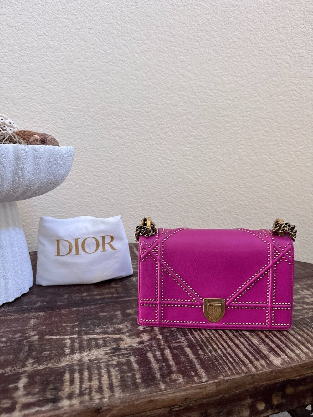 Christian Dior Diorama Small Fuchsia Pink Studded Leather Chain Bag + COA